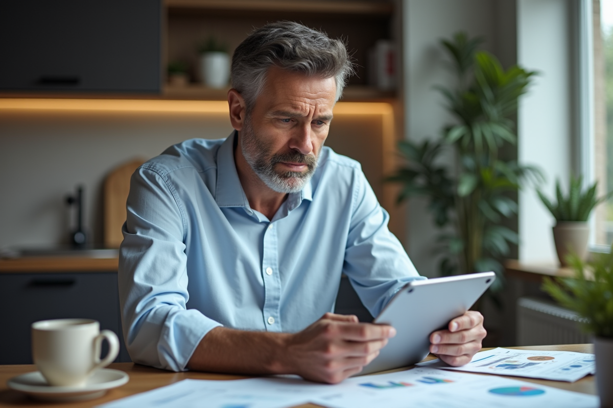 Homme d'âge moyen analysant des graphiques financiers sur une tablette