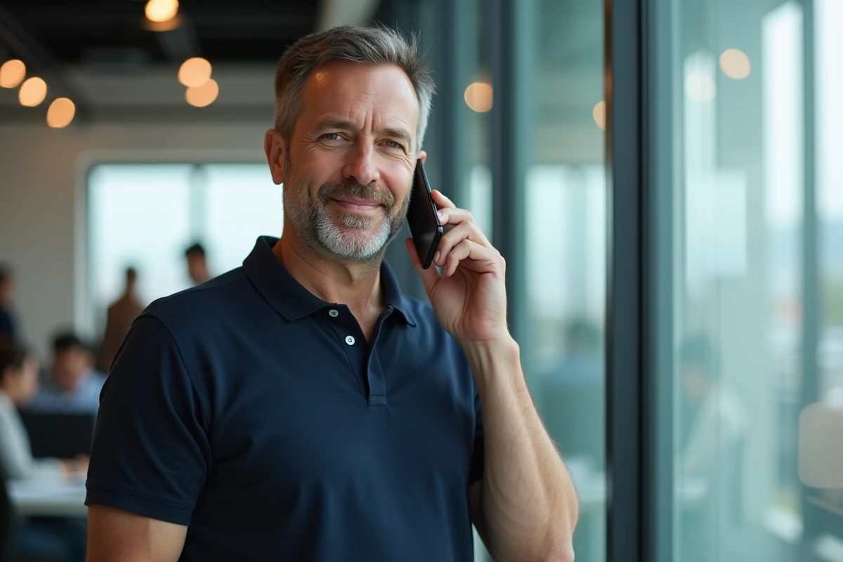 Homme appelant le service clients Sosh depuis un bureau professionnel avec un smartphone