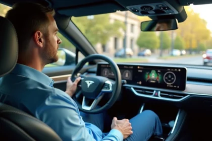 Homme confiant dans une voiture moderne avec autopilote