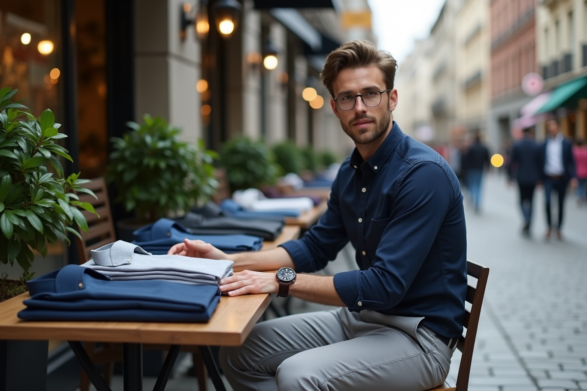Homme en ville organisant sa collection capsule