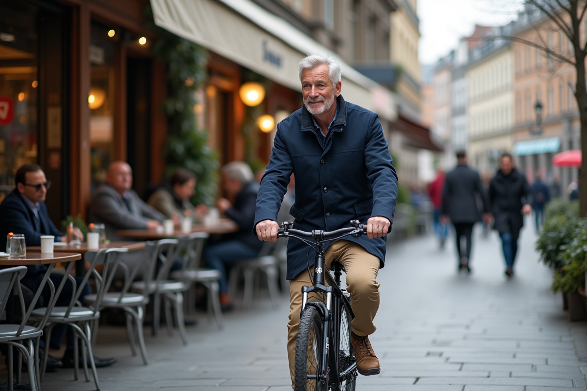 Homme en parka arrêtant sa moto au café en plein air
