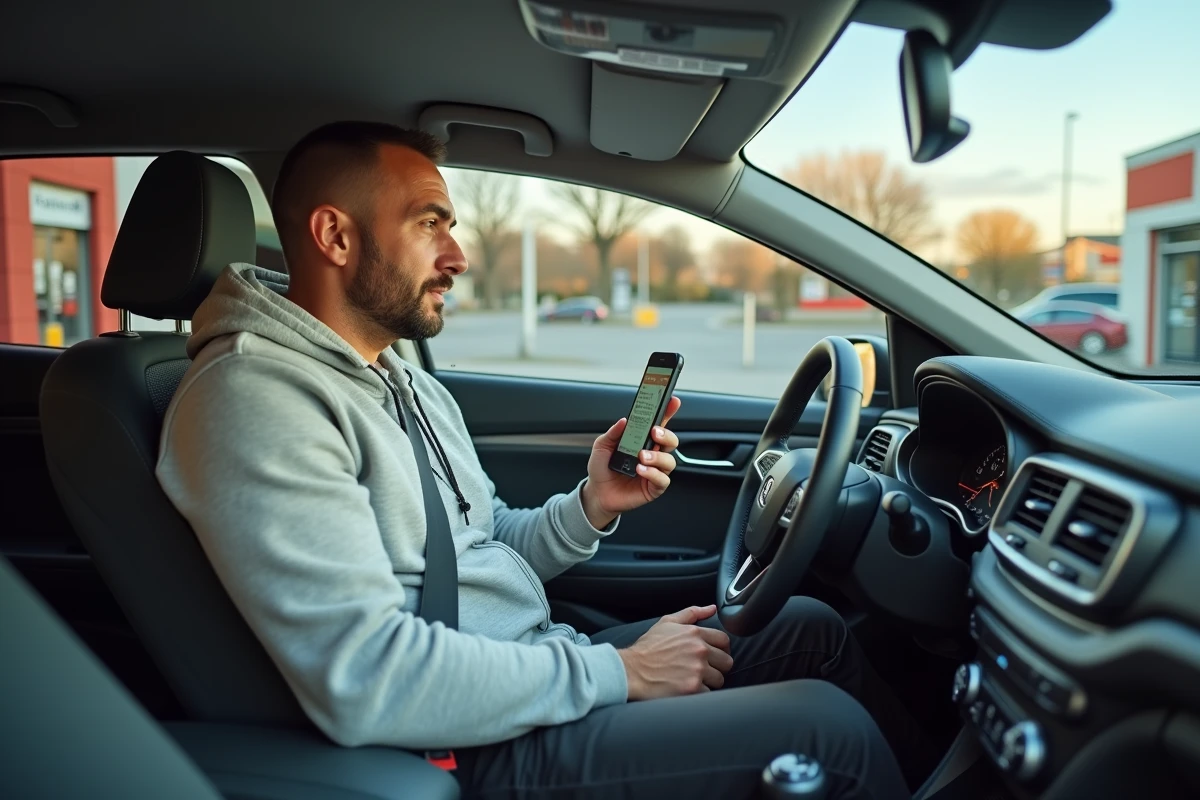 Homme récupérant sa commande drive Intermarché depuis sa voiture avec son smartphone