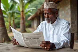 Homme comorien lisant un journal en plein air
