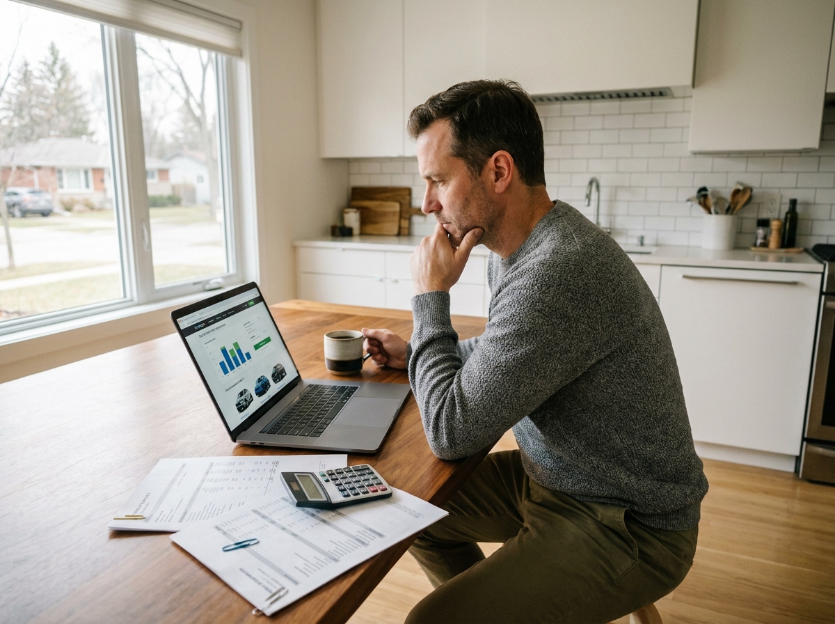 Homme comparant les prix de voitures neuves en ligne à domicile avec documents de financement