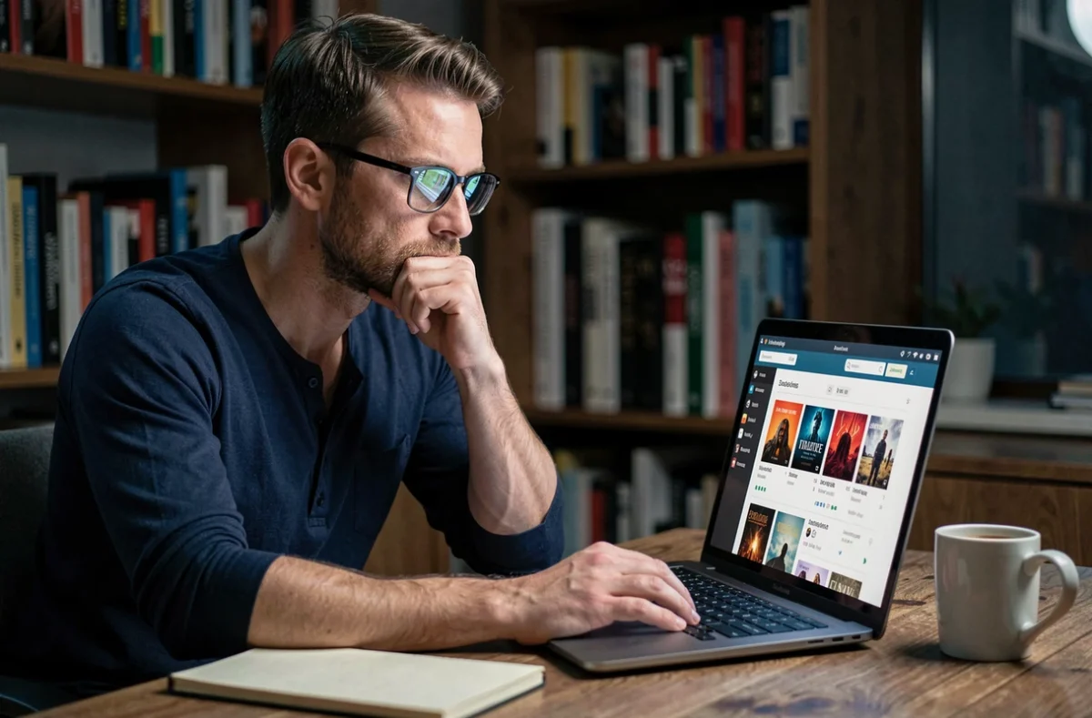 Homme consultant son ordinateur portable pour comparer les plateformes de streaming disponibles après Netflix