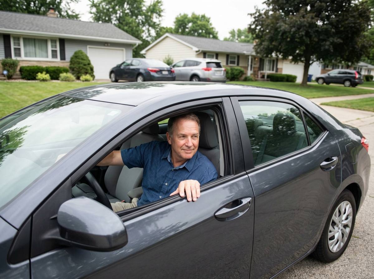 Homme dans sa voiture en quartier résidentiel