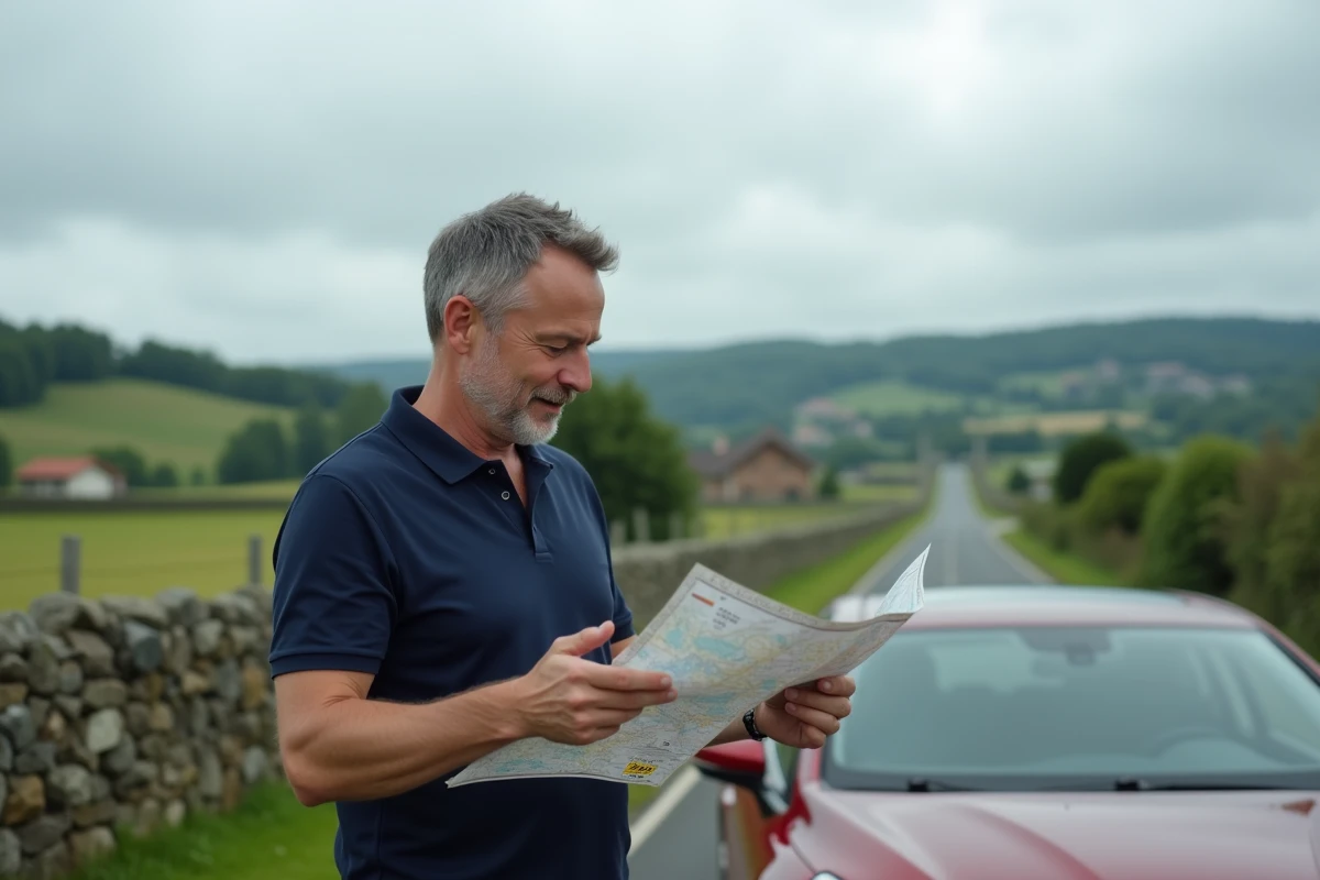 Homme en voyage consultant une conversion miles kilomètres sur smartphone au bord d'une route de campagne européenne