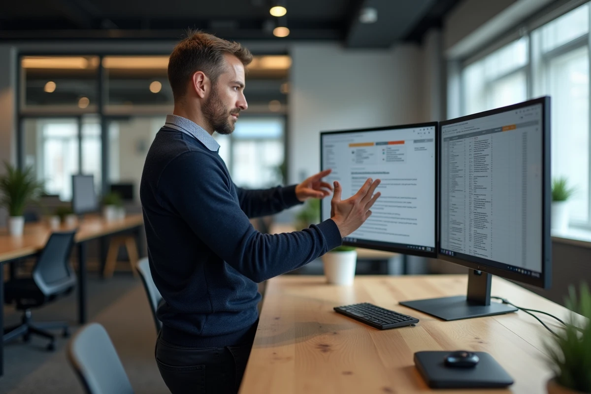 Homme en espace de coworking analysant son style d'écriture sur un grand écran professionnel