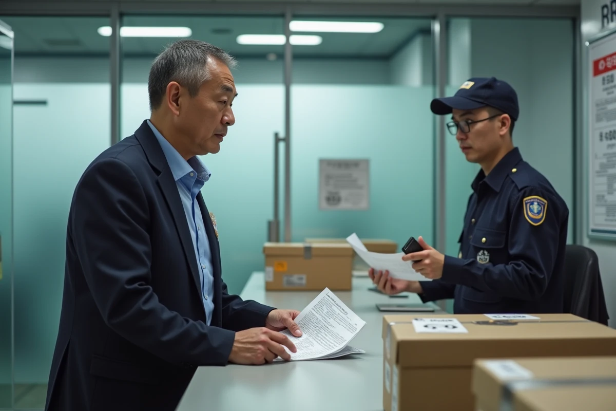 Homme présentant un document à un agent de douane dans un centre logistique