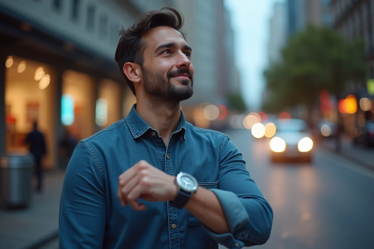 Jeune homme regardant sa montre en ville au crépuscule