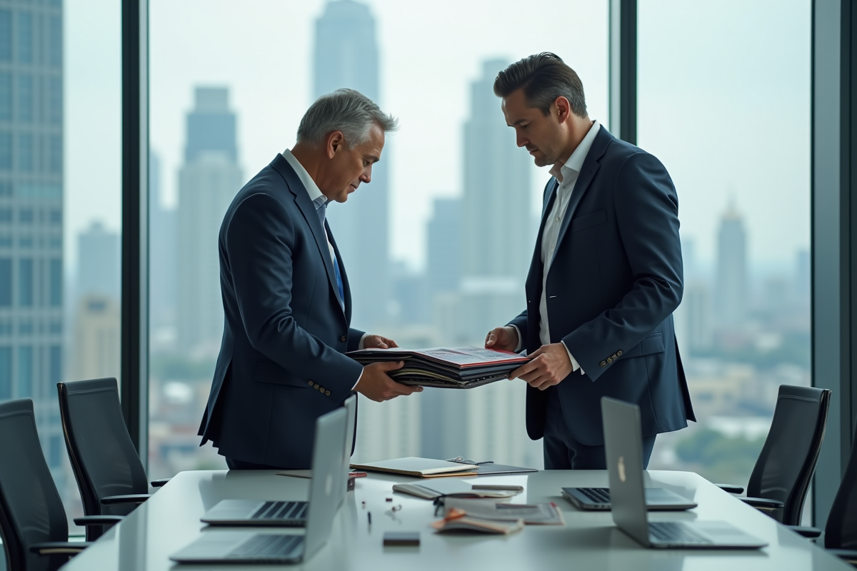 Homme d affaires en costume examine des echantillons de vetements
