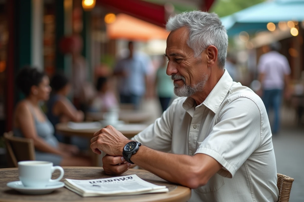 Homme guadeloupéen consultant sa montre à une terrasse de café à Pointe-à-Pitre