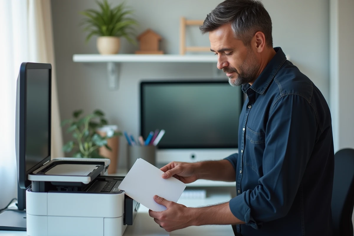 Homme récupérant une enveloppe imprimée avec adresse depuis une imprimante de bureau