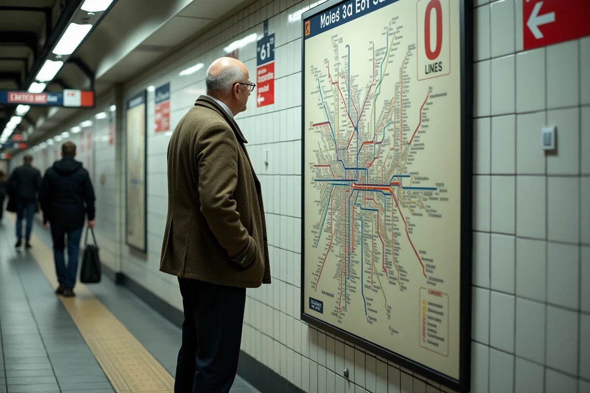 Homme étudiant un plan du metro de Paris