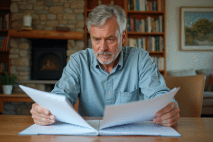 Homme d'âge moyen examinant des documents fiscaux à la maison