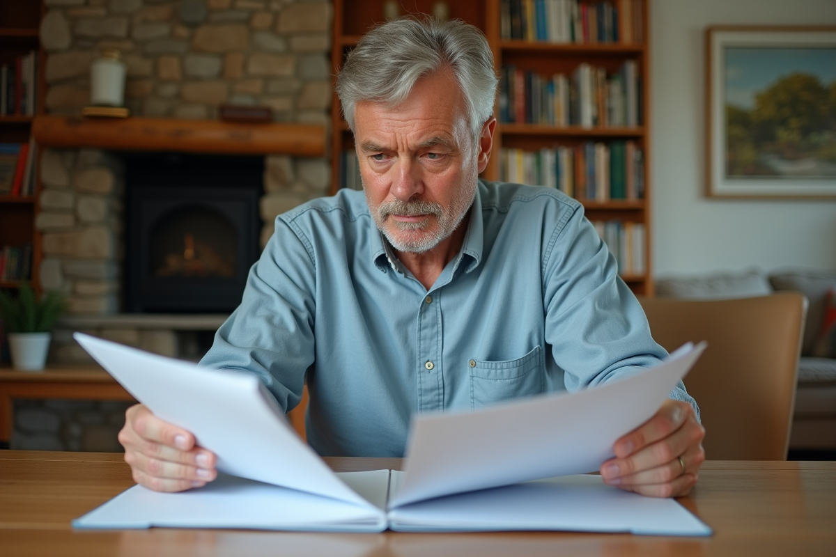 Homme d'âge moyen examinant des documents fiscaux à la maison