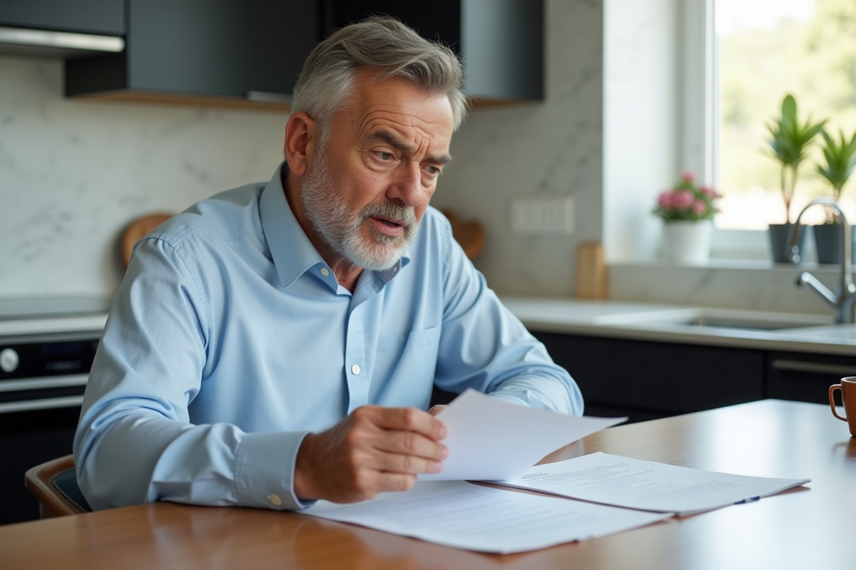 Homme d'âge moyen lisant un document de prêt immobilier