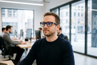 Homme portant des lunettes connectées noires au bureau dans un open space moderne