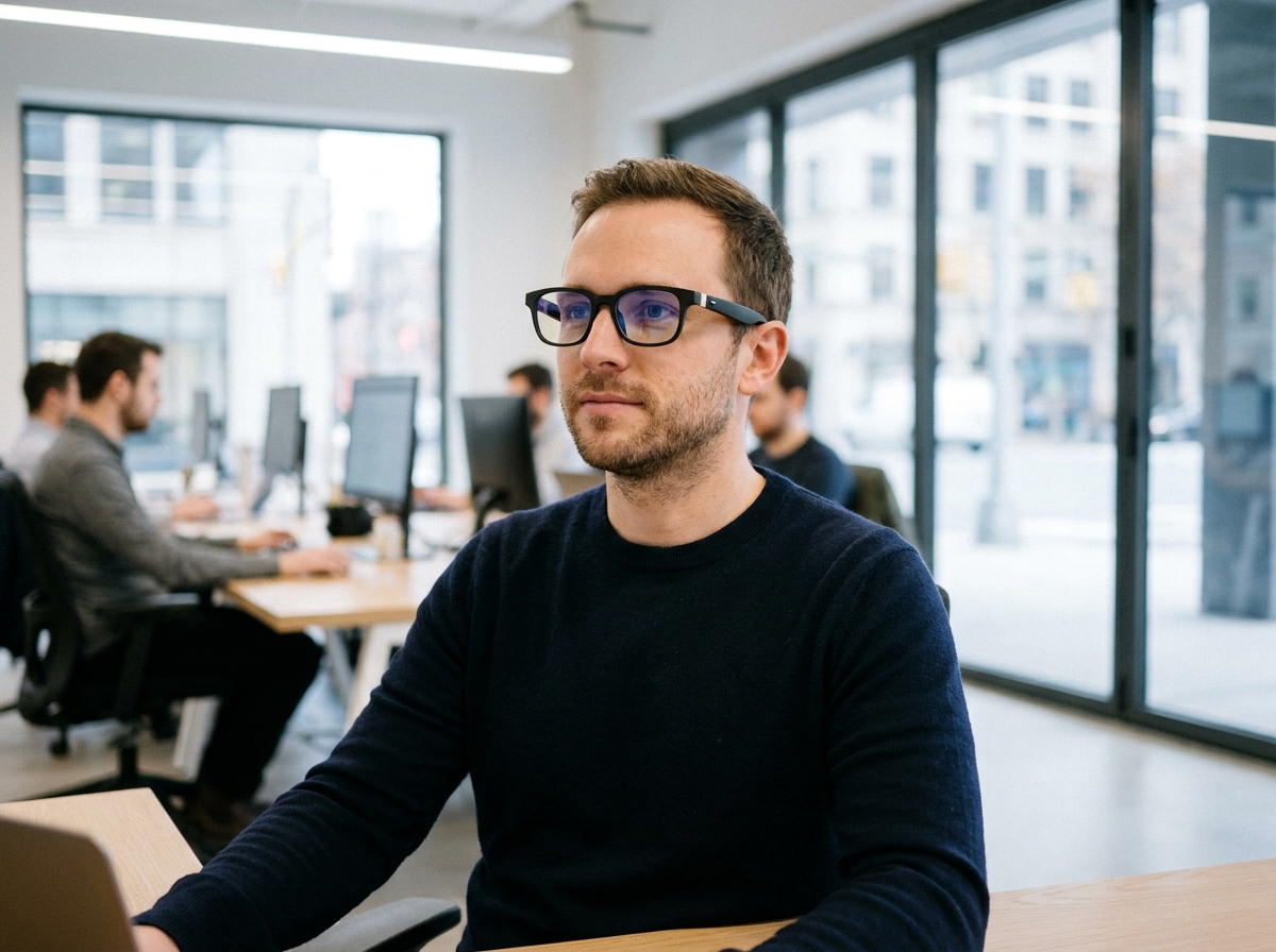 Homme portant des lunettes connectées noires au bureau dans un open space moderne