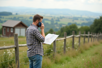 Homme d'âge moyen planifiant sur une carte dans un paysage rural