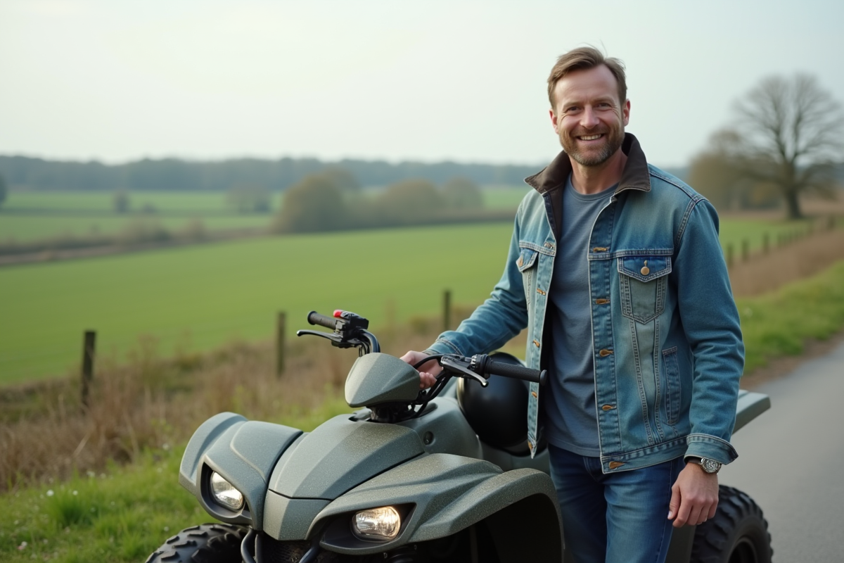 Homme souriant avec casque à la main près d'un quad en campagne
