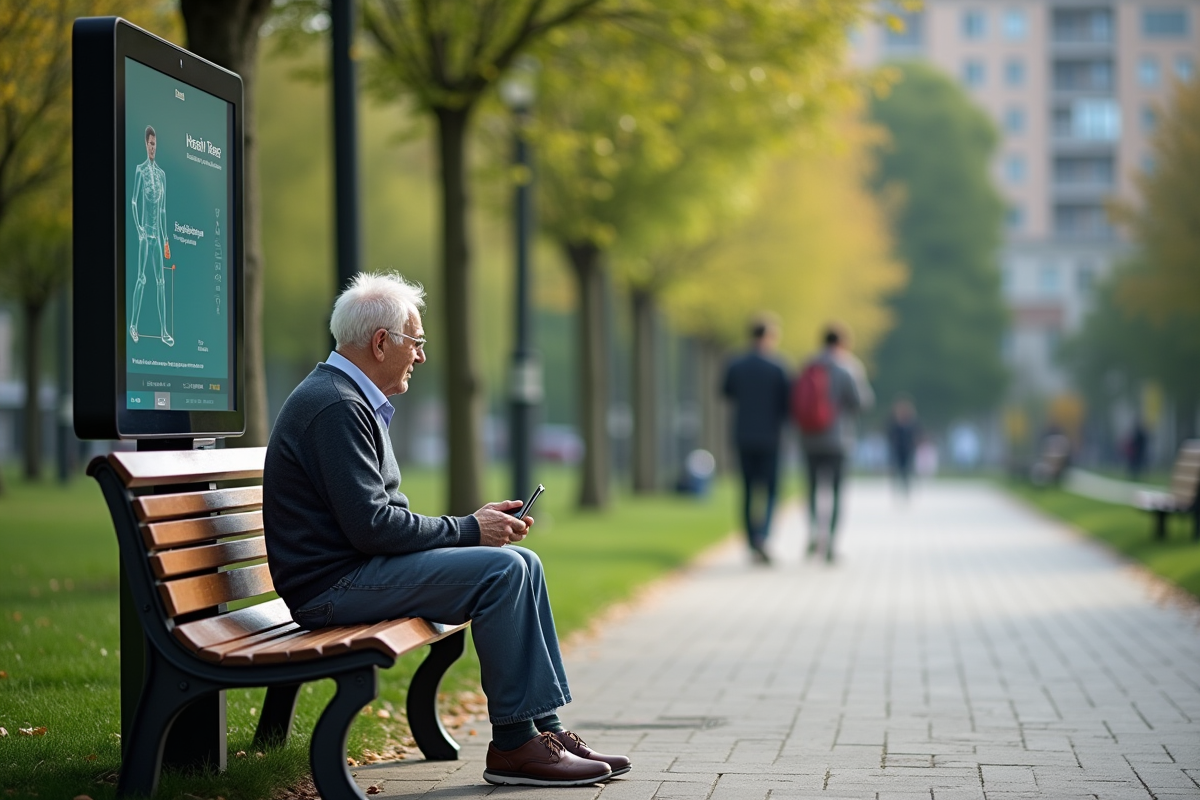 Homme âgé interagissant avec un kiosque de santé en parc