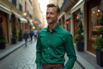 Homme en chemise vert émeraude dans une rue urbaine animée