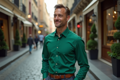 Homme en chemise vert émeraude dans une rue urbaine animée