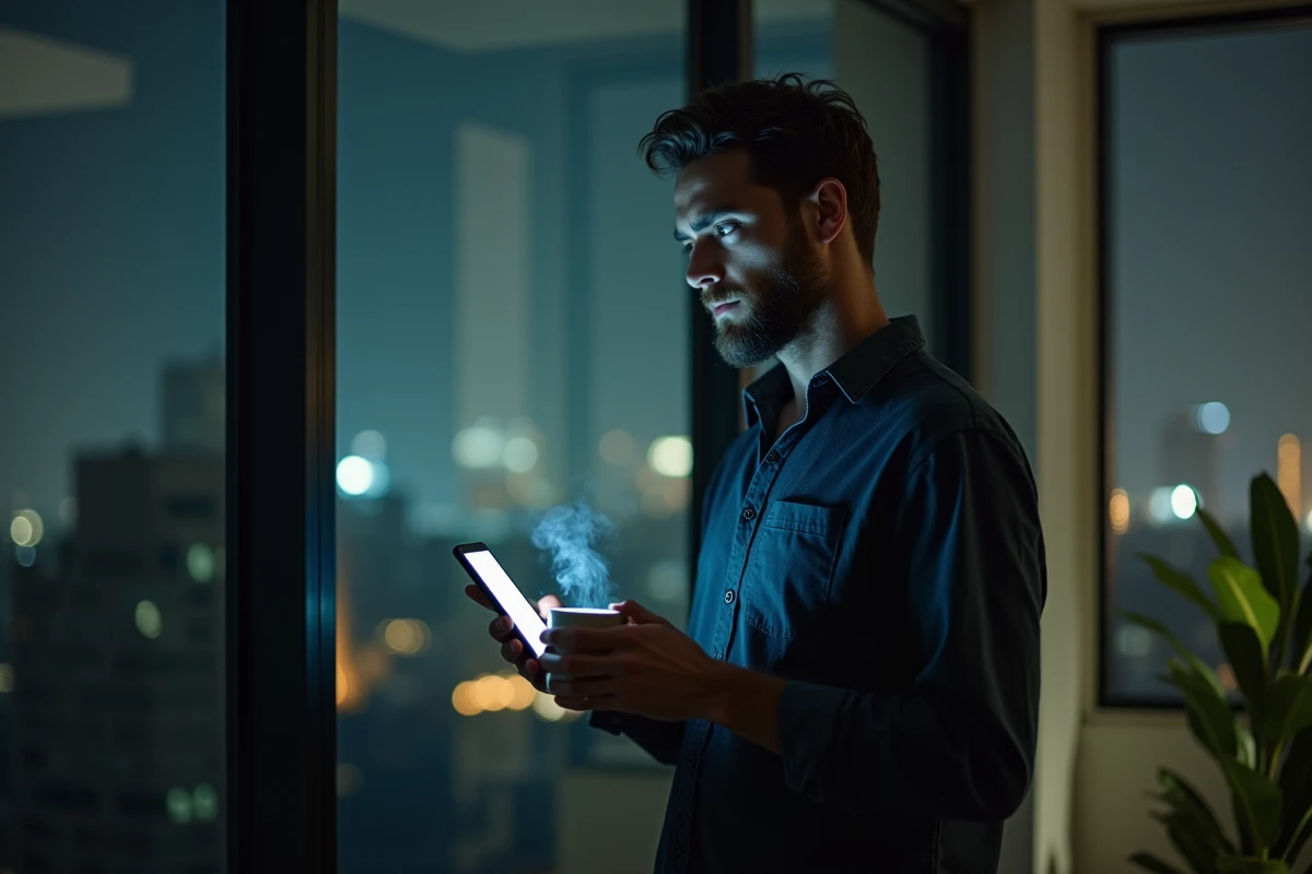 Homme tenant un mug devant une fenêtre nocturne urbaine, regardant son téléphone affichant 21h21, illustrant l'utilisation de l'heure miroir pour la manifestation