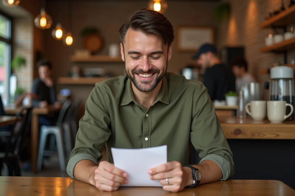 Homme souriant en lisant une note affectueuse dans un café, symbolisant l'impact émotionnel d'un surnom d'amour personnalisé