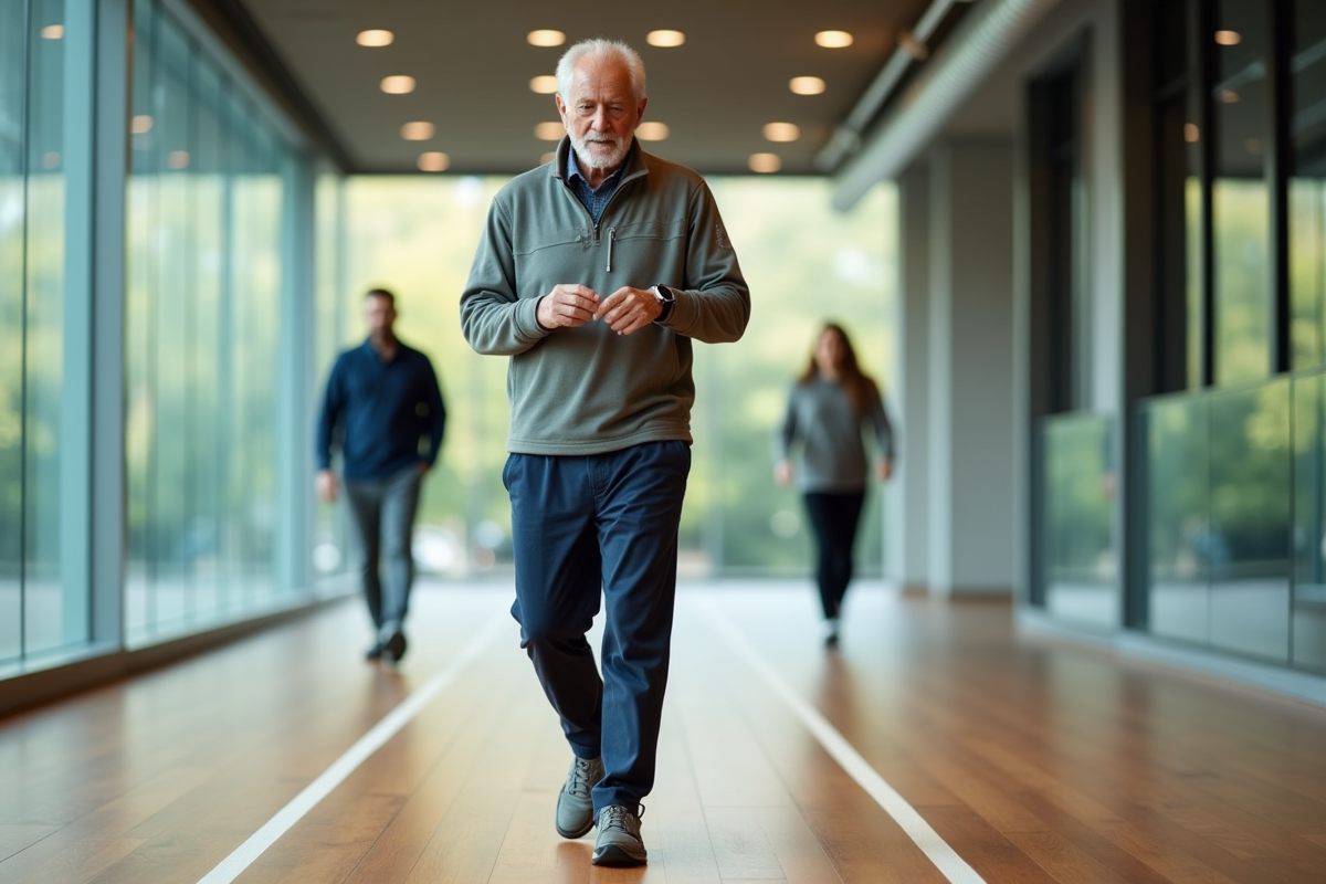 Homme âgé vérifie sa montre dans un gymnase moderne