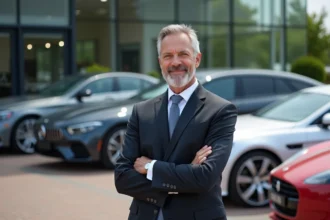 Homme en costume devant voitures modernes et showroom