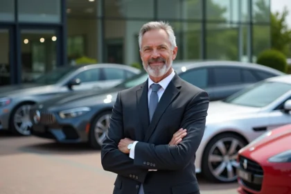 Homme en costume devant voitures modernes et showroom