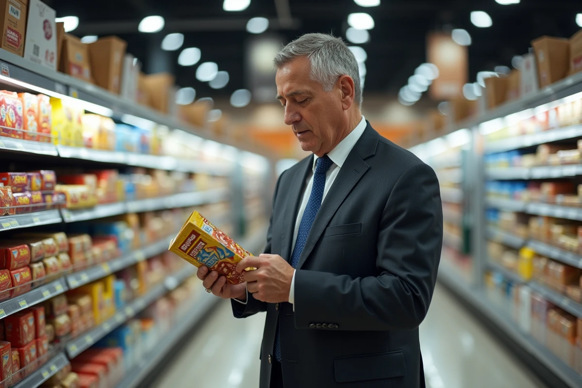 Homme d affaires examinant un emballage dans un supermarché
