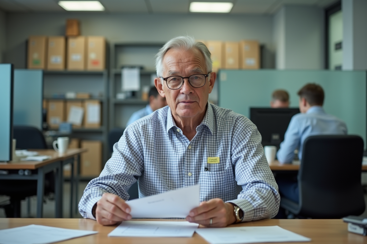 Homme d age au bureau examinant des documents