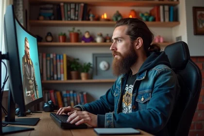 Homme barbu jouant à un jeu vidéo sur un grand écran