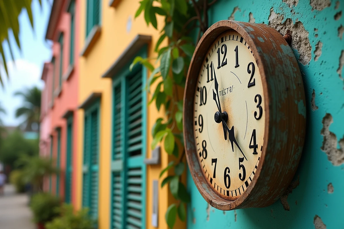 Horloge ancienne sur un bâtiment colonial coloré en Guadeloupe avec végétation tropicale en arrière-plan