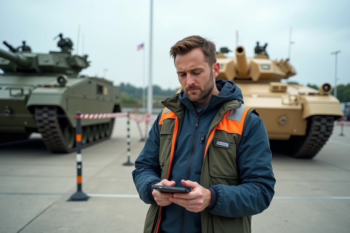 Ingénieur examine un schéma devant un char de guerre lors d’une exposition