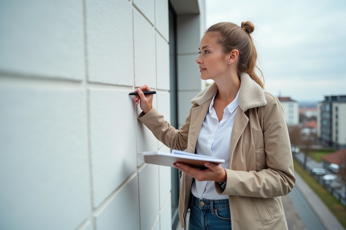 Jeune femme inspectant une façade isolée en polystyrene blanc