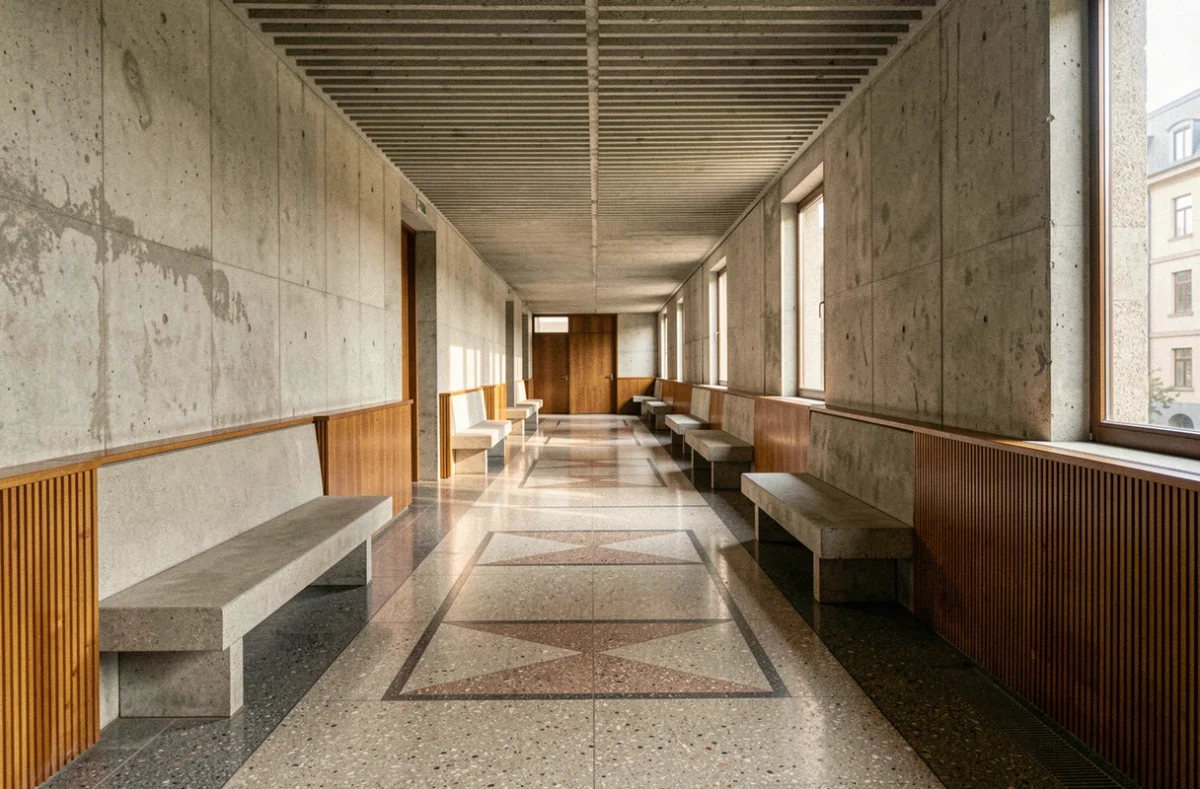 Couloir intérieur brutaliste d'un bâtiment Marcel Breuer avec béton apparent, terrazzo et fenêtres étroites