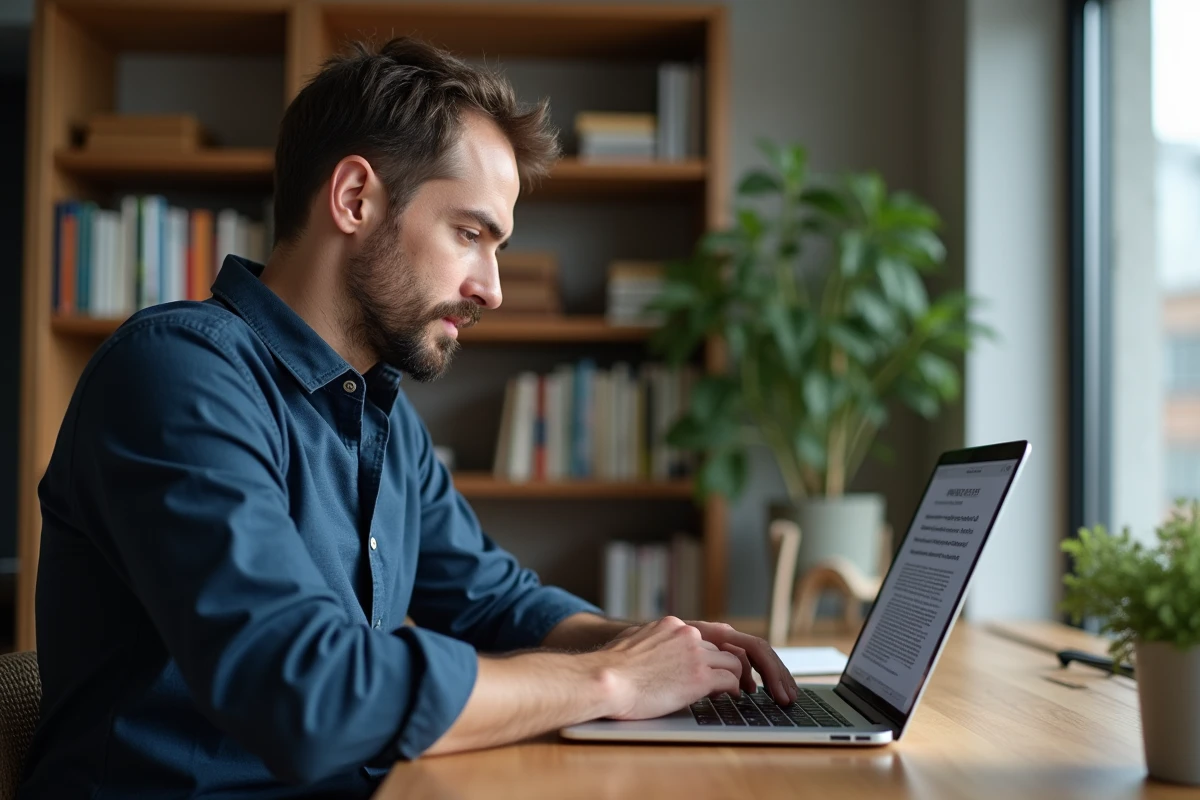 Homme consultant les lois françaises sur internet en 2026 depuis un bureau à domicile