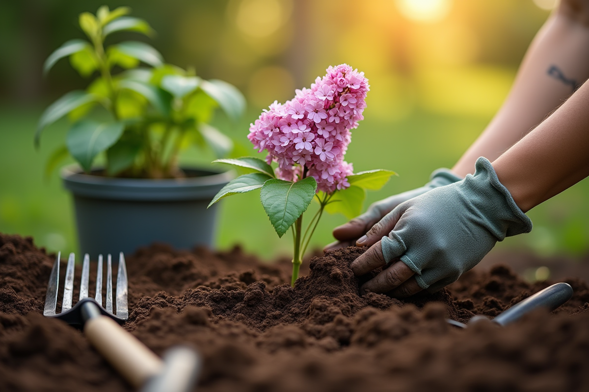 Mains de jardinier plantant un lilas dans la terre