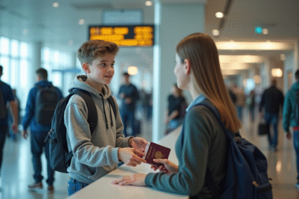 Garçon adolescent confiant à l'aéroport avec passeport