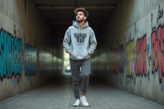 Jeune homme en hoodie oversized écoutant de la musique rap dans un couloir urbain avec graffitis, illustrant l'argot banger dans la culture jeune