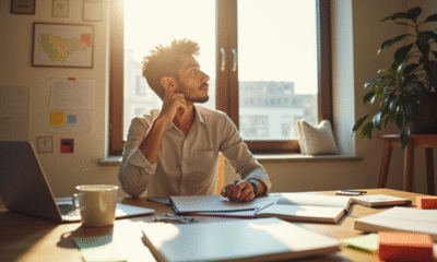 Jeune entrepreneur au bureau avec notebooks et café