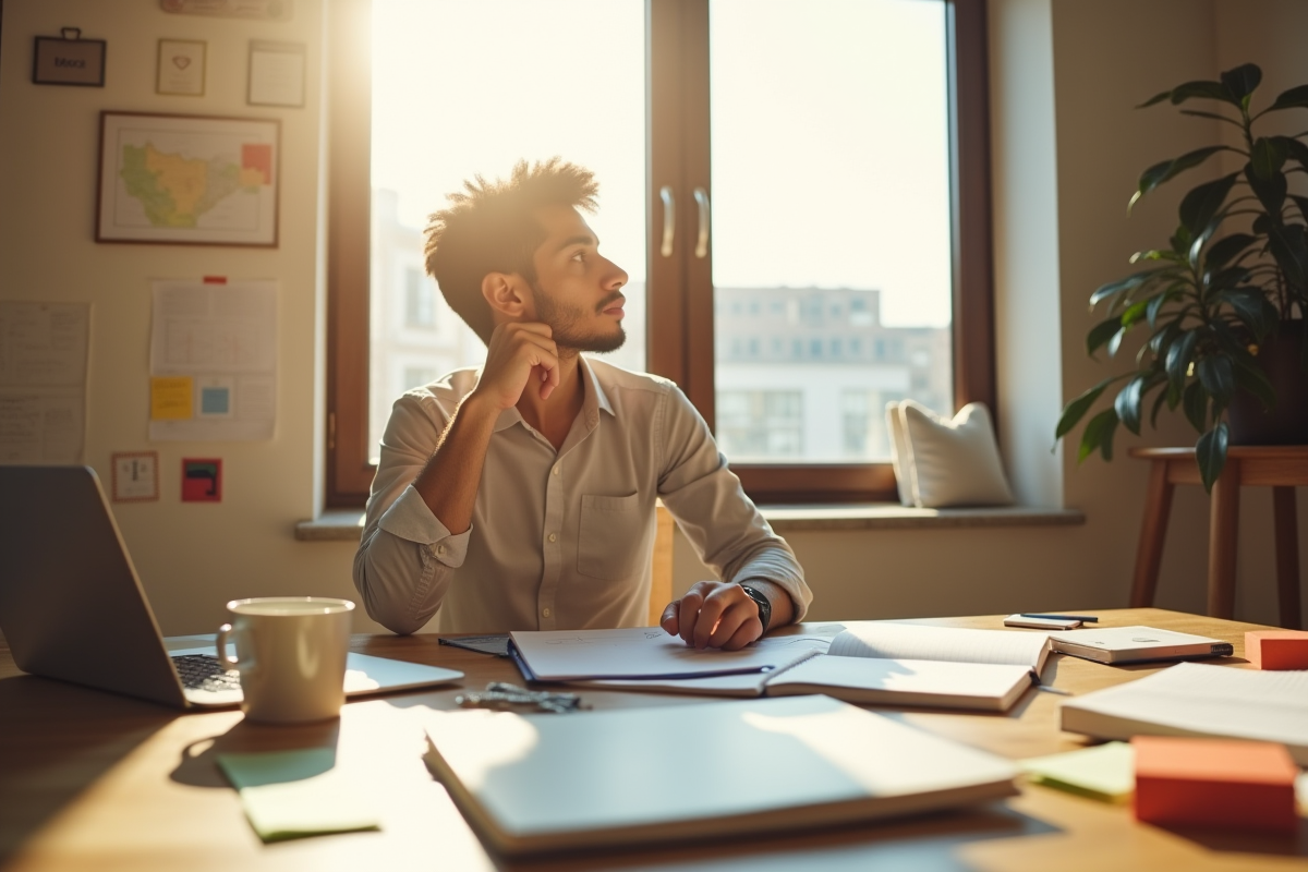 Jeune entrepreneur au bureau avec notebooks et café