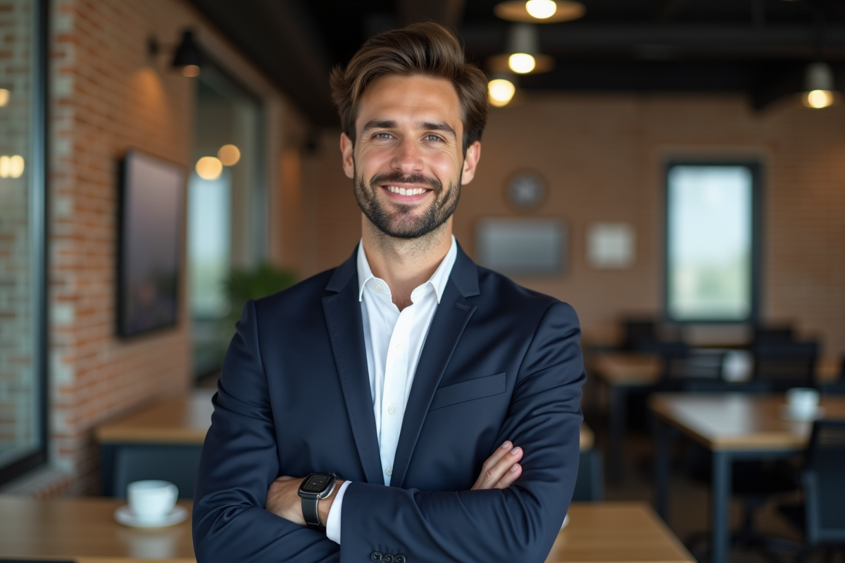 Jeune entrepreneur en costume dans un espace de coworking moderne