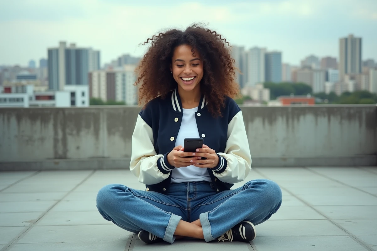 Jeune femme en veste varsity utilisant son téléphone sur un toit urbain, représentant l'usage du terme banger dans les conversations numériques et l'argot jeune contemporain