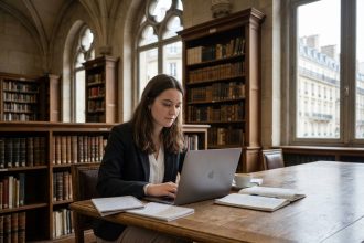 Jeune femme concentrée dans une bibliothèque parisienne historique