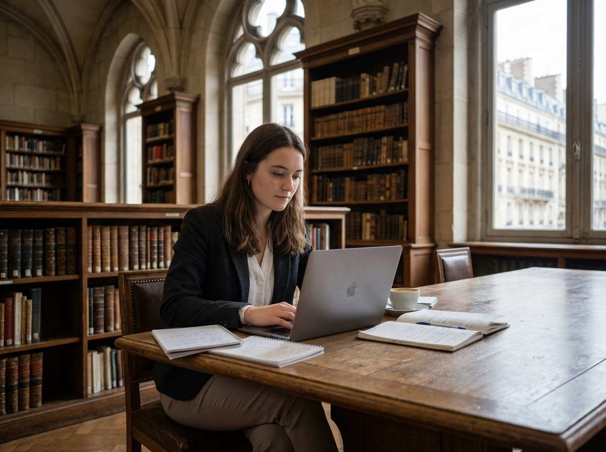 Jeune femme concentrée dans une bibliothèque parisienne historique